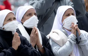 Religious sisters pray during the Regina caeli with Pope Francis in St. Peter's Square May 2, 2021. Daniel Ibanez/CNA.